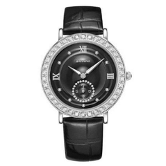 Davena Mặt Tròn Đen |Nữ Giới |Đính Viền Đá |Dây Da Vân Đen |Máy Pin (Quartz) |Size Lớn 38mm
