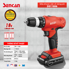 Máy khoan pin 18V SENCAN D511806, Máy Khoan Vặn Vít Dùng Pin 2 Chức Năng, Không Chổi Than, Kèm Pin Và Sạc