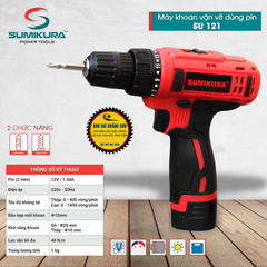 Máy khoan pin 12V SUMIKURA SU121, Máy Khoan Vặn Vít Dùng Pin 2 Chức Năng, Không Chổi Than, Kèm Pin Sạc Và Mũi Cr-V 65mm