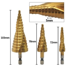 Mũi khoan tháp bước phủ titan thép HSS cao cấp hộp 3 mũi khoan tháp đa năng chuôi lục giác khoét lỗ sắt, gỗ, nhựa