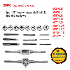 Bộ taro 20 chi tiết tạo ren trong và ren ngoài M3-M12, chất liệu hợp kim siêu cứng gồm tay quay taro