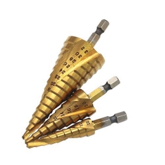 Mũi khoan tháp bước phủ titan thép HSS cao cấp hộp 3 mũi khoan tháp đa năng chuôi lục giác khoét lỗ sắt, gỗ, nhựa