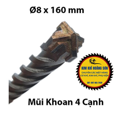 Mũi khoan bê tông tường 4 cạnh kích thước 6 - 12mm x 160mm, Mũi khoan bê tông 4 chấu phủ titanium chịu lực tốt