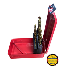 Bộ 19 mũi khoan gỗ và sắt thép HSS màu vàng phủ Titanium, đường kính 1-10mm bảo quản trong hộp sắt