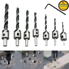 Mũi khoan âm vít gỗ 2 tầng, Bộ 7 mũi khoan gỗ bắt âm mũ vít đầu đinh định tâm kích cỡ 3-10mm chất liệu thép HSS cao cấp