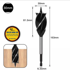 Mũi khoan khoét gỗ lỗ tròn chuôi lục giác dài 165mm đường kính từ 10mm - 35mm có vít xoắn ốc định tâm