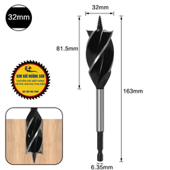Mũi khoan khoét gỗ lỗ tròn chuôi lục giác dài 165mm đường kính từ 10mm - 35mm có vít xoắn ốc định tâm