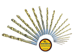 Bộ 19 mũi khoan gỗ và sắt thép HSS màu vàng phủ Titanium, đường kính 1-10mm bảo quản trong hộp sắt