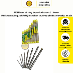 Mũi khoan bê tông 2 cạnh kích thước 3 - 14mm, Mũi khoan tường 2 chấu Mỹ Nicholson chuôi trụ phủ Titanium chịu lực tốt