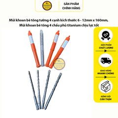 Mũi khoan bê tông tường 4 cạnh kích thước 6 - 12mm x 160mm, Mũi khoan bê tông 4 chấu phủ titanium chịu lực tốt
