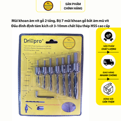 Mũi khoan âm vít gỗ 2 tầng, Bộ 7 mũi khoan gỗ bắt âm mũ vít đầu đinh định tâm kích cỡ 3-10mm chất liệu thép HSS cao cấp