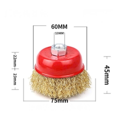 Chổi đánh rỉ sắt, chén cước có ren kích thước 3 inch lỗ trục M10x1.5 lắp máy mài cầm tay tiện dụng