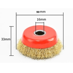 Chổi đánh rỉ sắt sợi đồng, chén cước đường kính 90mm, bát rỉ sét lỗ trục 16mm lắp máy mài cầm tay