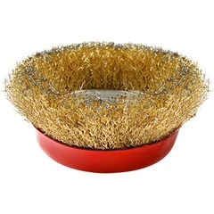 Chổi đánh rỉ sắt sợi đồng, chén cước đường kính 90mm, bát rỉ sét lỗ trục 16mm lắp máy mài cầm tay