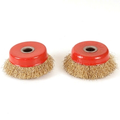 Chổi đánh rỉ sắt sợi đồng, chén cước đường kính 90mm, bát rỉ sét lỗ trục 16mm lắp máy mài cầm tay