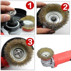 Chổi đánh rỉ sắt sợi đồng, chén cước đường kính 90mm, bát rỉ sét lỗ trục 16mm lắp máy mài cầm tay