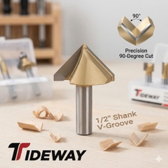 Mũi phay gỗ alu chữ V 50mm CNC vát 90 độ không bi Tideway cao cấp cốt trục 12.7mm