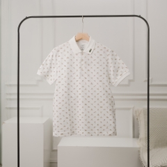 Áo Polo LACOSTE trắng hoạ tiết vàng, logo cổ trái