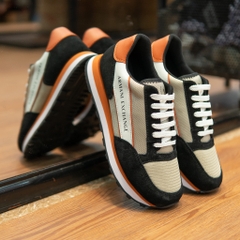 Giày ARMANI EXCHANGE vải lưới be - da lộn đen - gót nâu đỏ , chữ đen ngang ở sườn