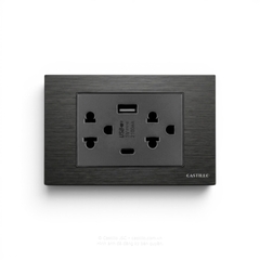 Ổ cắm 3 chấu Kiểu Thái + USB x2 (A+C) Nhôm Xước ĐEN
