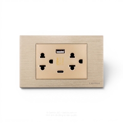 Ổ cắm đôi Kiểu Thái + USB x2 (Type A+C) Nhôm Xước VÀNG
