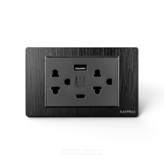 Ô cắm Đôi Kiểu Thái + USB x2 (Type C) Nhựa Xước ĐEN