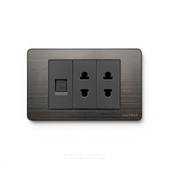 Ổ cắm Internet + 2 Ổ cắm Inox xước ĐEN