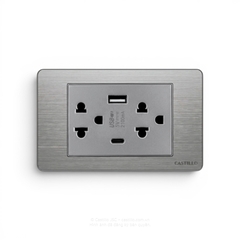 Ổ cắm đôi Thái + USB Inox xước XÁM