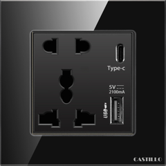Ổ cắm đôi + USB x2 (Type C) Kính cường lực ĐEN