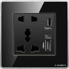 Ổ cắm đôi + USB x2 (Type C) Khung BẠC Kính ĐEN