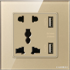 Ổ cắm đôi + USB x2 (Type A) Kính cường lực VÀNG