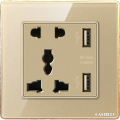 Ổ cắm đôi + USB x2 (Type A) Khung VÀNG Kính VÀNG