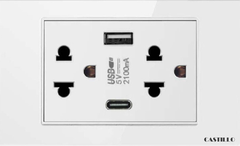 Ổ cắm đôi Kiểu Thái + USB x2 (Type C) Kính cường lực TRẮNG