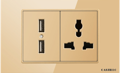 Ổ cắm đôi + USB x2 Kính cường lực VÀNG
