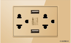 Ổ cắm đôi Kiểu Thái + USB x2 (A) Kính cường lực VÀNG