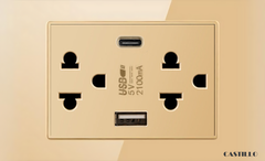 Ổ cắm đôi Kiểu Thái + USB x2 (Type C) Kính cường lực VÀNG