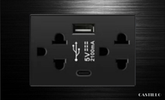 Ổ cắm 3 chấu Kiểu Thái + USB x2 (A+C) Nhôm Xước ĐEN
