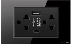 Ổ cắm đôi Kiểu Thái + USB x2 (Type C) Kính cường lực ĐEN