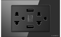 Ổ cắm đôi Thái + USB x2 (A) Kính cường lực ĐEN