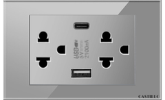 Ổ cắm đôi Kiểu Thái + USB x2 (Type C) Kính cường lực XÁM