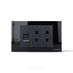 Ổ cắm Internet +  2 ổ cắm 2 chấu Kính cường lực ĐEN