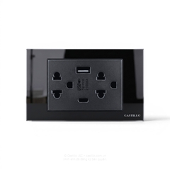 Ổ cắm đôi Kiểu Thái + USB x2 (Type C) Kính cường lực ĐEN