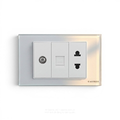 Ổ cắm Tivi + Internet + ổ 2 chấu Kính cường lực TRẮNG