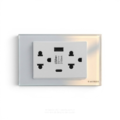 Ổ cắm đôi Kiểu Thái + USB x2 (Type C) Kính cường lực TRẮNG