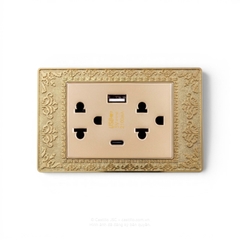 Ổ cắm đôi Kiểu Thái + USB x2 (A+C) Hoa văn vàng 24k