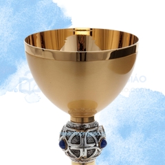 Chén Lễ Italy xi vàng CLXV141 - Mẫu tay nắm Thánh Giá Celtic gắn ngọc lưu ly xanh 