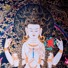 Thangka Đức Bồ Tát Quan Âm Tứ Thủ vẽ tay Nepal 127x157