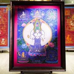 Tranh Thangka Quan Âm Thập Nhất Diện Nền Xanh Vẽ Vàng 62x79cm | Pháp Tạng