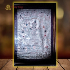 Thangka Đức Văn Thù Sư Lợi vẽ tay dát bạc Tu viện Gompa 95x125