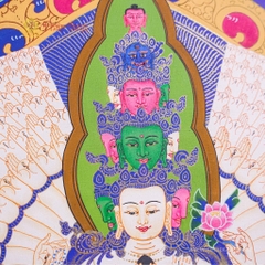 Tranh Thangka Quan Âm Thập Nhất Diện Nền Xanh Vẽ Vàng 62x79cm | Pháp Tạng